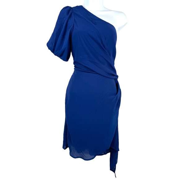 Vici Dresses & Skirts - Vici Chiffon one shoulder goddess retro mini dress blue faux wrap sz L